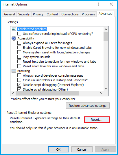 click reset under reset internet explorer settings