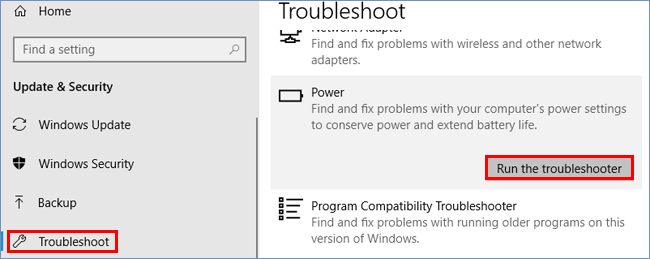 run the power troubleshooter