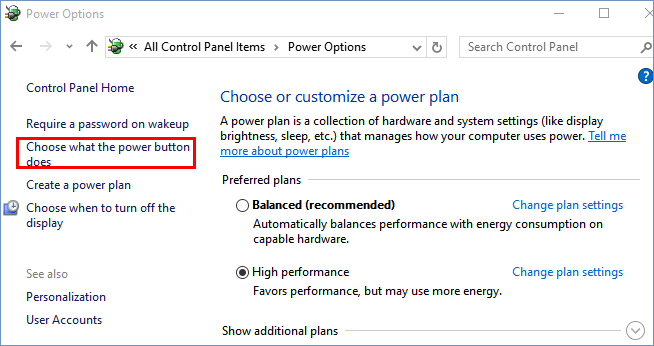 select choose what the power button does