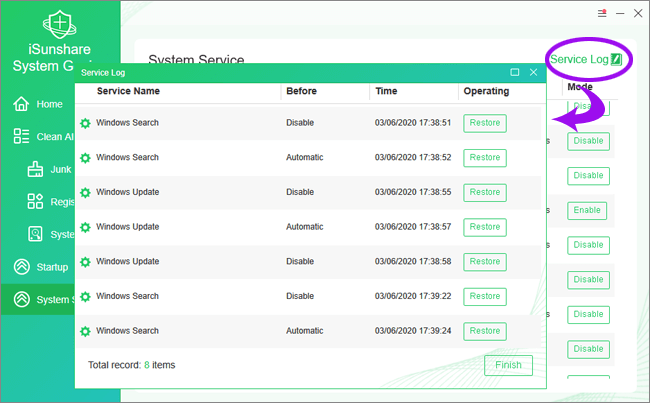 check history operations through service log