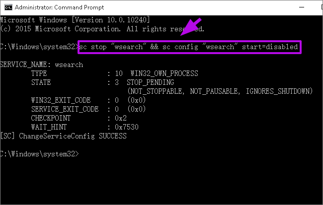 run command to disable windows search service