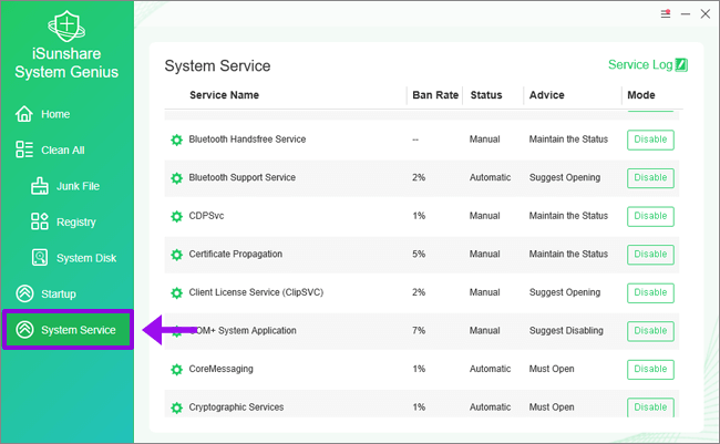 select the option of system service