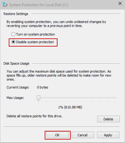 choose disable system protection