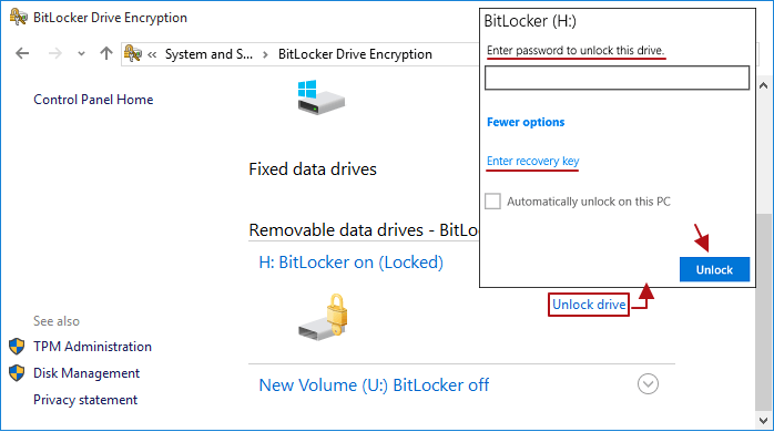 unlock bitlocker in control panel