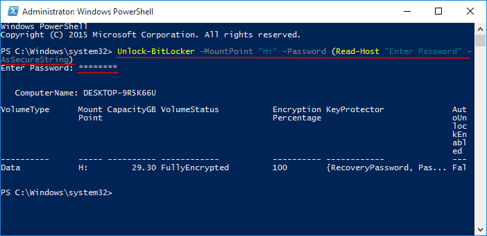 unlock bitlocker with password powershell