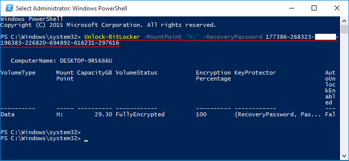 unlock bitlocker with recovery key powershell