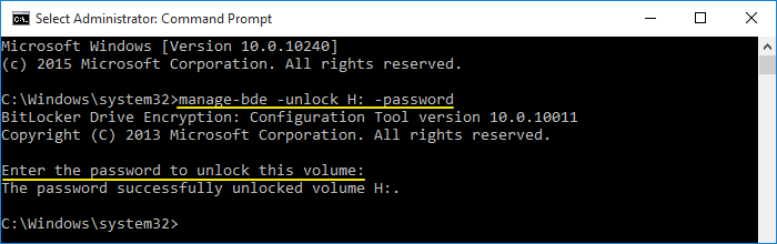 use password to unlock bitlocker cmd