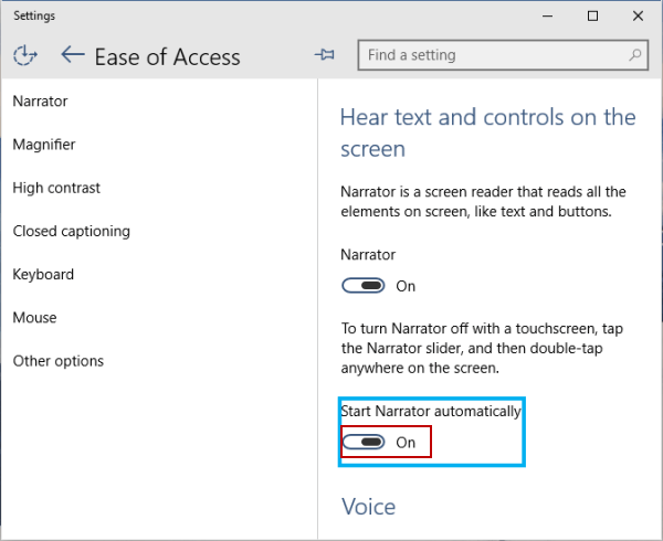 turn on start narrator automatically