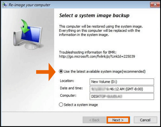 Select a system image backup