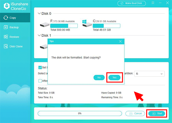 click Start button to start copying process