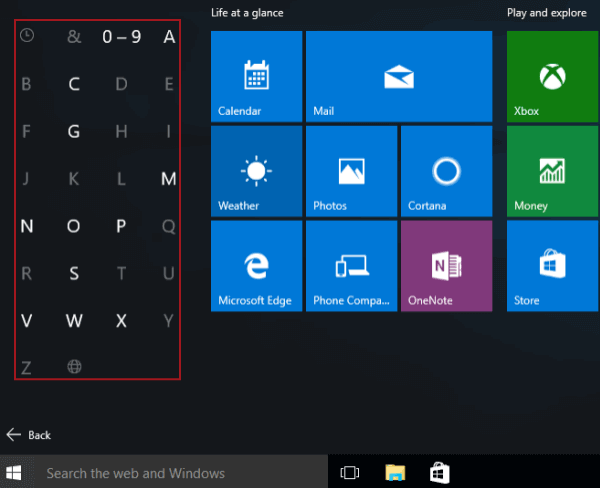 alphabet in start menu