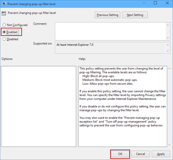 enable prevent changing pop up filter level
