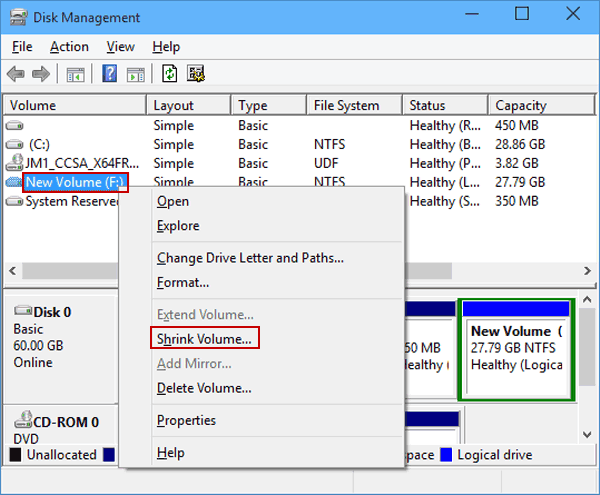 right tap hard drive and choose shrink volume