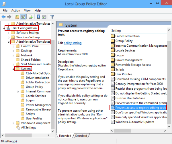 open prevent access to registry editing tools