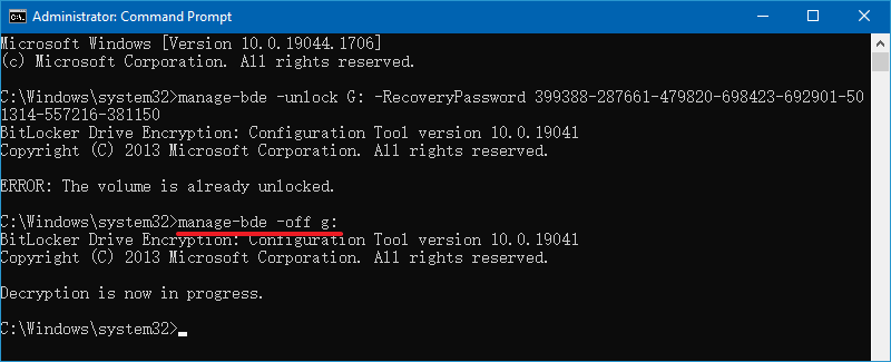 command line to decrypt BitLocker