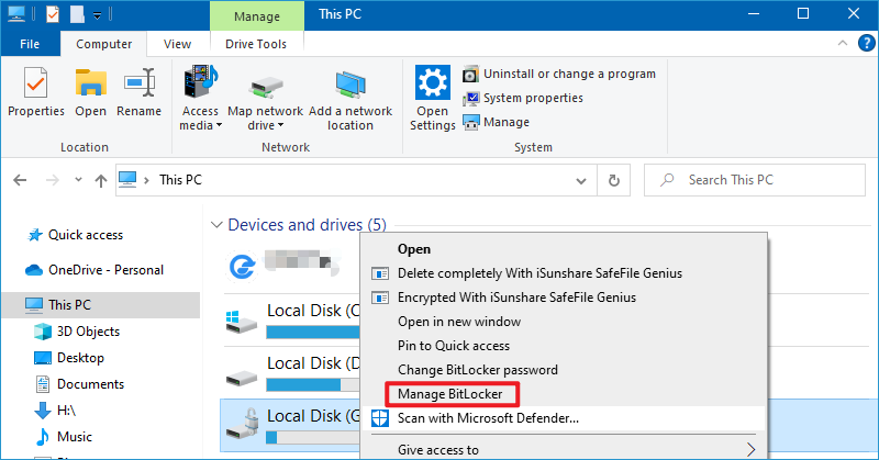 right-click the drive to open Manage BitLocker