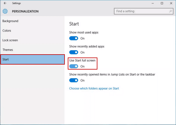 turn on use start full screen