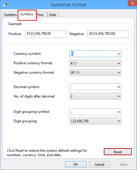 select currency to reset