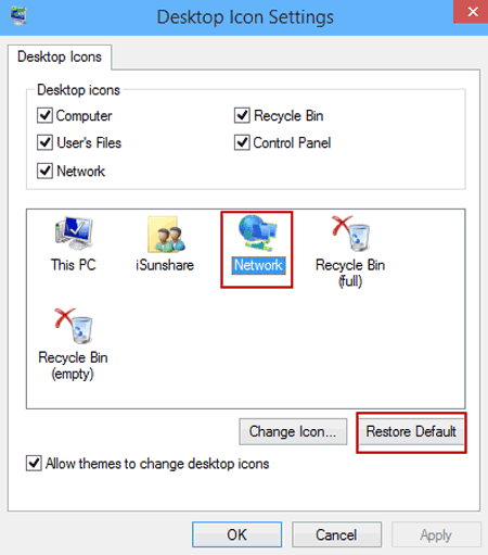 select network icon and tap restore default