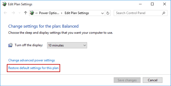 select restore default settings for this plan