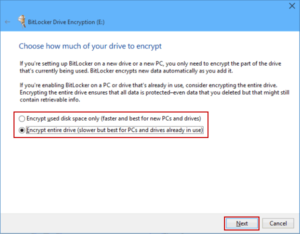 choose drive space to encrypt