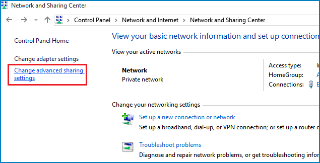 click change advanced sharing settings