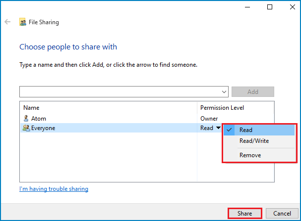 file sharing and set permission level