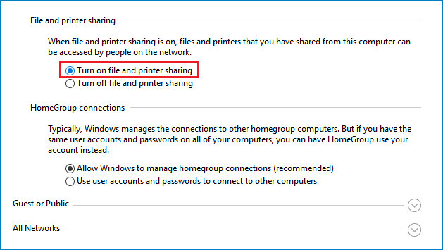 turn on file and printer sharing