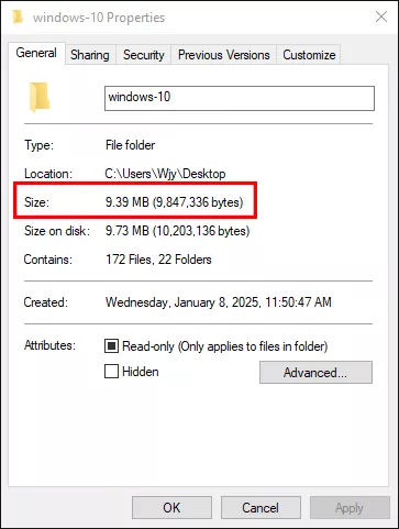 check folder size via Properties