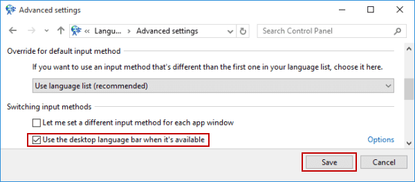 select or deselect language bar setting