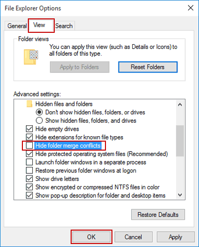 deselect hide folder merge conficts