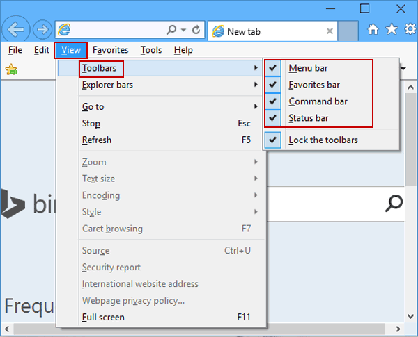 Show or Hide Menu Bar/Favorites Bar/Command Bar/Status Bar in IE