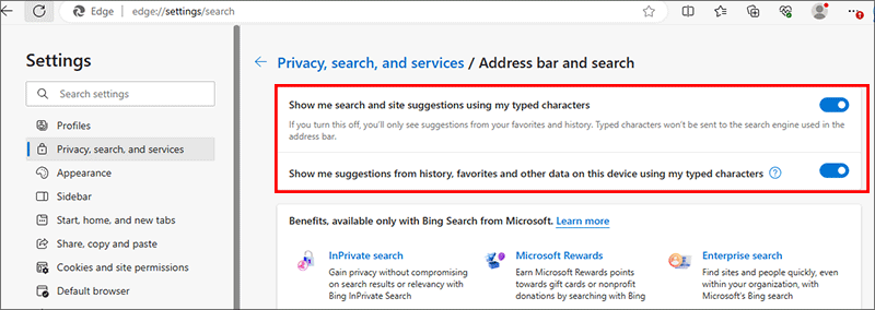 two options about search suggestions on Microsoft Edge
