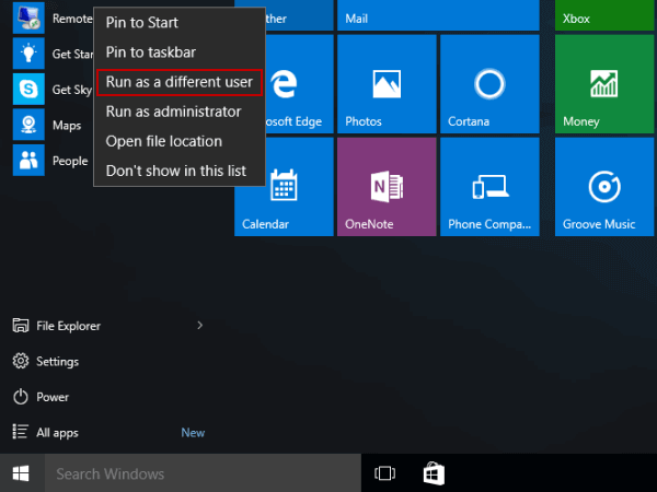 run as a different user command in start menu