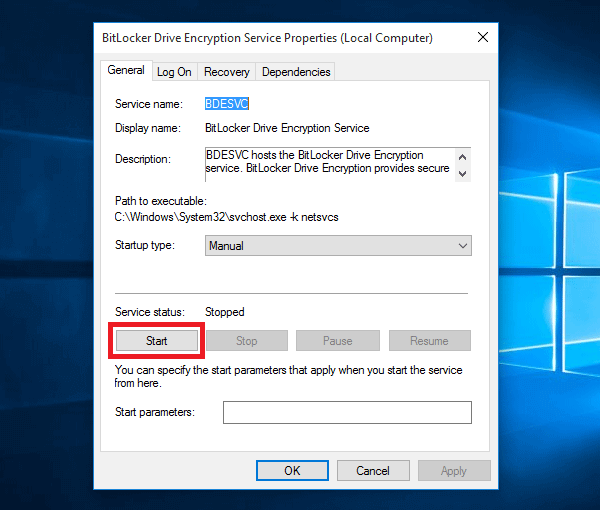 tap Start in BitLocker Service Properties