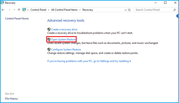 click open system restore to continue