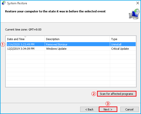 select a restore point