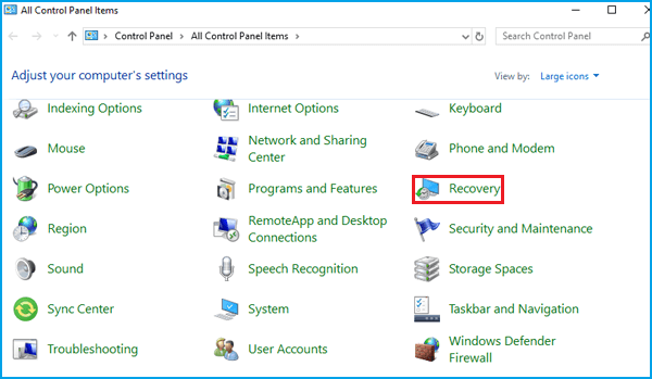 select recovery under control panel