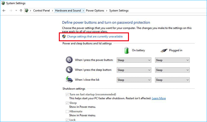 click Change settings that are currently unavailable
