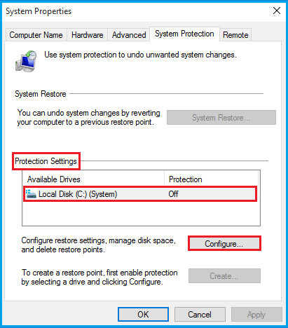 configure system restore settings