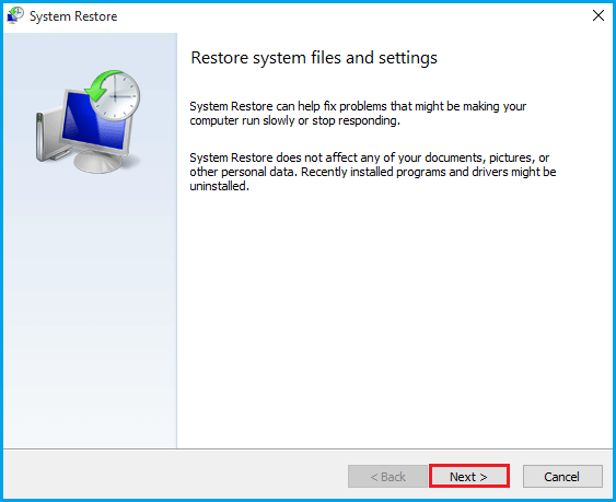 click next button on restore system files and settings interface