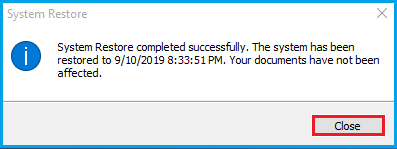 system restore completed successfully interface