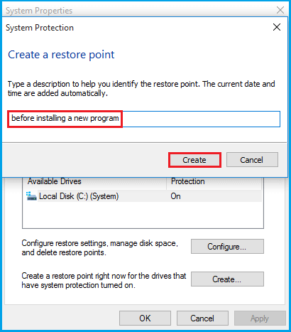 type a descriptive name for your new restore point