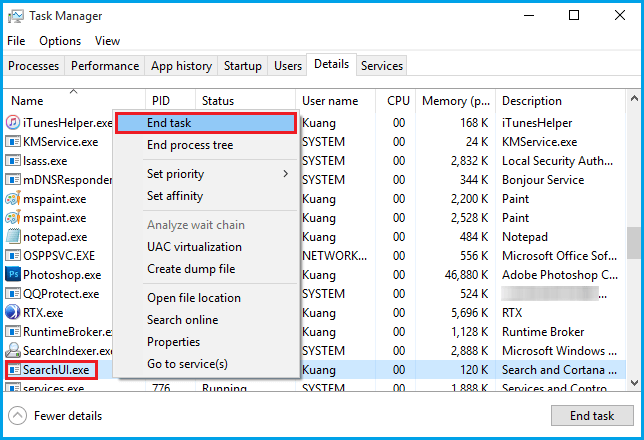end the process of windows search