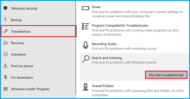 run the search and indexing troubleshooter