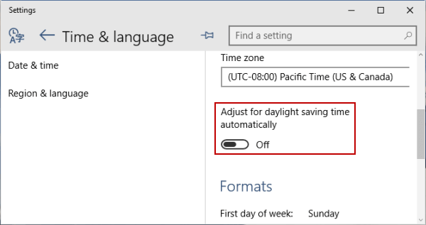 turn off adjust for daylight saving time automatically