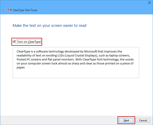 select turn on cleartype