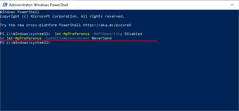 turn off cloud protection via PowerShell