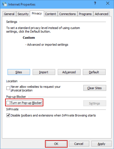 Turn off on Pop-up Blocker IE in