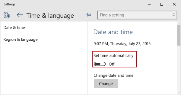Disable the Set time automatically option